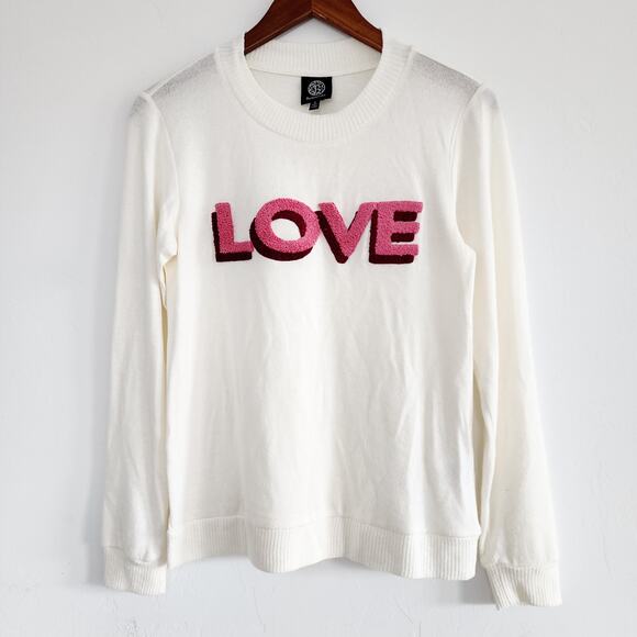 Bobeau Cream Pink & Burgundy Love Embroidered Pullover Sweatshirt Size Small - Picture 1 of 5